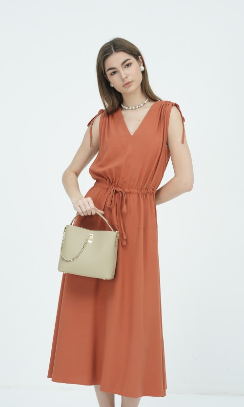 G-Ochre V-Neck Woven Flared Dress